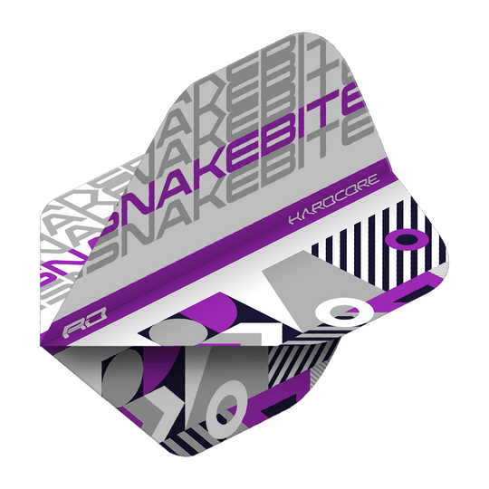 Das Bild zeigt ein Dartflight mit dem Namen "Red Dragon Hardcore Snakebite White Purple Standard Flights". Das Flight ist in Weiß, Lila und Grau gestaltet und trägt das Wort "SNAKEBITE" sowie geometrische Muster.