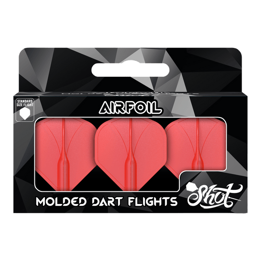 Profil aérodynamique moulé n°2 Vols standard Die Verpackung zeigt drei rote, geformte Dart-Flights der Marke Shot. Auf der Vorderseite steht „Airfoil“, und unten ist „Molded Dart Flights“ zu lesen.