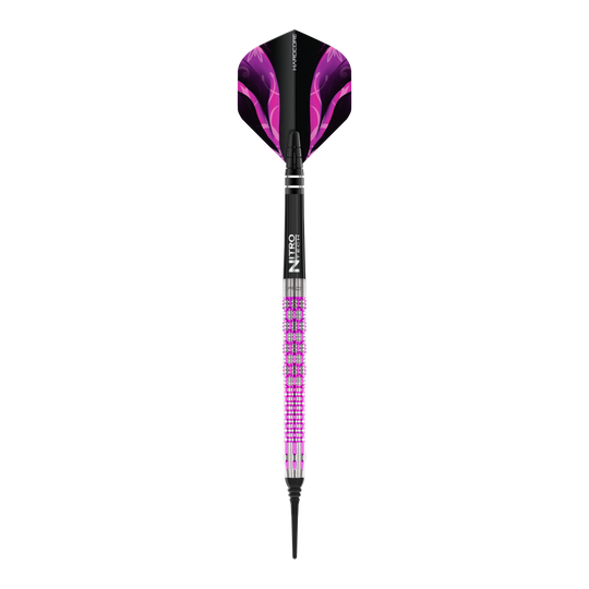 Fléchettes souples Red Dragon Tyrian - 22 g Auf dem Bild ist der Red Dragon Tyrian Softdart mit einem Gewicht von 22g zu sehen. Der Dart hat ein auffälliges Design mit lila und pinken Akzenten.