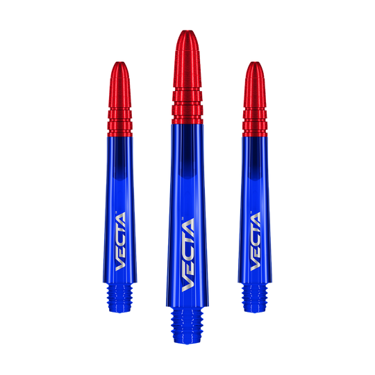 Tiges Winmau Vecta - Bleu Rouge Auf dem Bild sind drei Dartschäfte in leuchtendem Blau mit roten Spitzen zu sehen. Auf jedem Schaft steht das Wort "VECTA" in weißer Schrift.