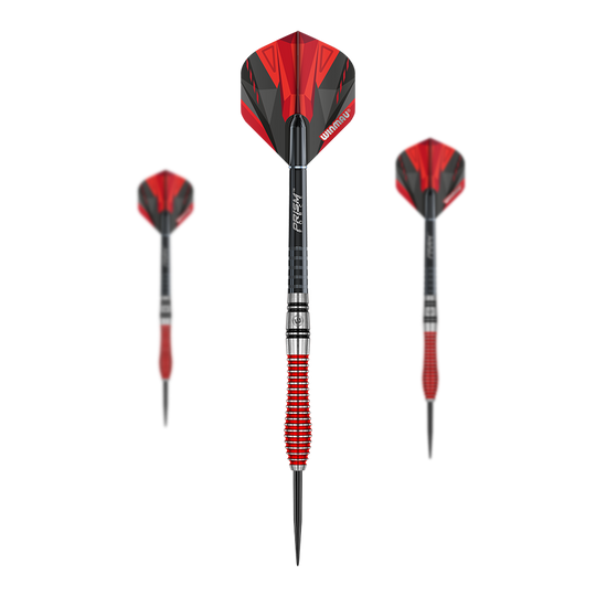 Fléchettes en acier Winmau Dennis Priestley Édition Spéciale Das Bild zeigt drei Winmau Dennis Priestley Special Edition Steeldarts. Die Darts haben ein auffälliges rot-schwarzes Design und besitzen eine griffige, rot-silberne Barrel.