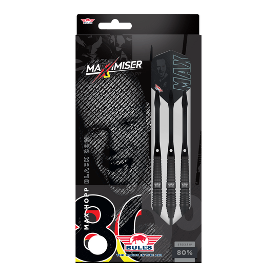 Auf dem Bild sind Bulls NL Max Hopp Black Steeldarts zu erkennen. Die Darts werden einzeln und detailliert gezeigt.