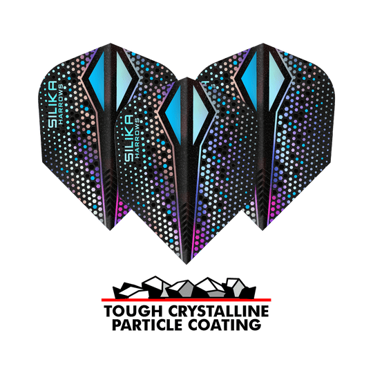 Harrows Silika Colourshift Revêtement cristallin résistant Argent-X No6 Vols Das Bild zeigt drei Harrows Silika Colourshift Tough Crystalline Coating Silver-X No6 Flights. Unten im Bild steht "TOUGH CRYSTALLINE PARTICLE COATING" mit einer Grafik von Kristallen.
