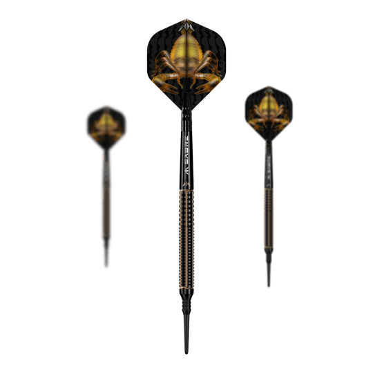 Fléchettes souples Mission Scorpion - 19 g Das Bild zeigt drei Softdarts des Produkts "Mission Scorpion Softdarts - 19g". Die Flights der Darts sind schwarz mit einem auffälligen gelben Skorpion-Motiv gestaltet.