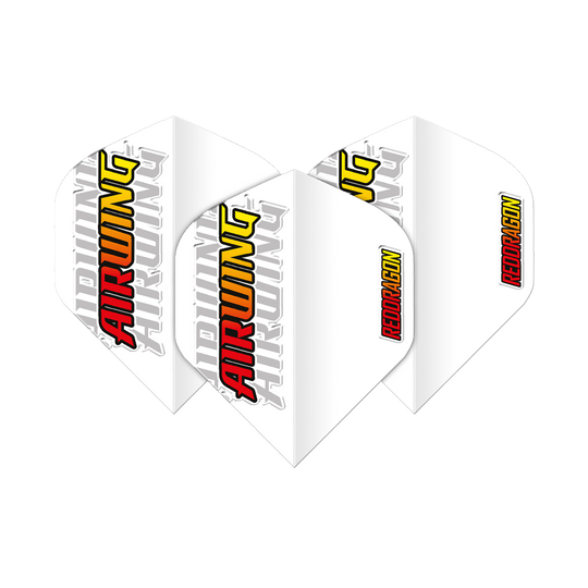Das Bild zeigt drei weiße Dart-Flights mit dem Aufdruck "AIRWING" in gelber und roter Schrift. Auf der Seite steht außerdem "REDDRAGON" in kleinen roten Buchstaben auf gelbem Hintergrund.