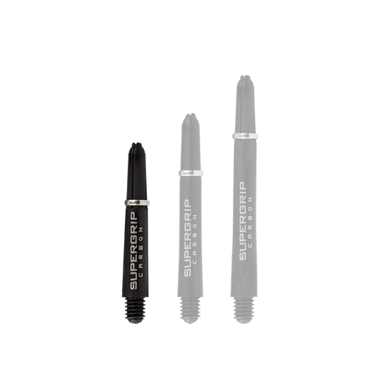 Das Bild zeigt drei schwarze Harrows Supergrip Carbon Shafts in unterschiedlicher Länge. Auf den Schäften steht in silberner Schrift "SUPERGRIP CARBON".