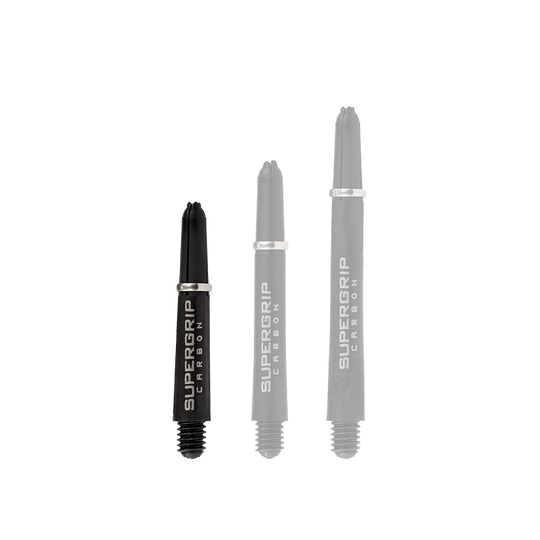 HR354_Harrows_Supergrip_Carbon_Shafts_Silber_33mm_1 Das Bild zeigt drei schwarze Harrows Supergrip Carbon Shafts in unterschiedlicher Länge. Auf den Schäften steht in silberner Schrift "SUPERGRIP CARBON".
