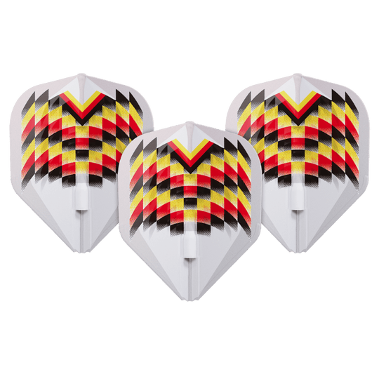 L-Style Gabriel Clemens V2 Clear White Signature Champagne L1EZ Flights Das Bild zeigt drei weiße Dartflights mit einem auffälligen Muster in Schwarz, Rot und Gelb. Das Design erinnert an die Farben der deutschen Flagge und ist symmetrisch angeordnet.