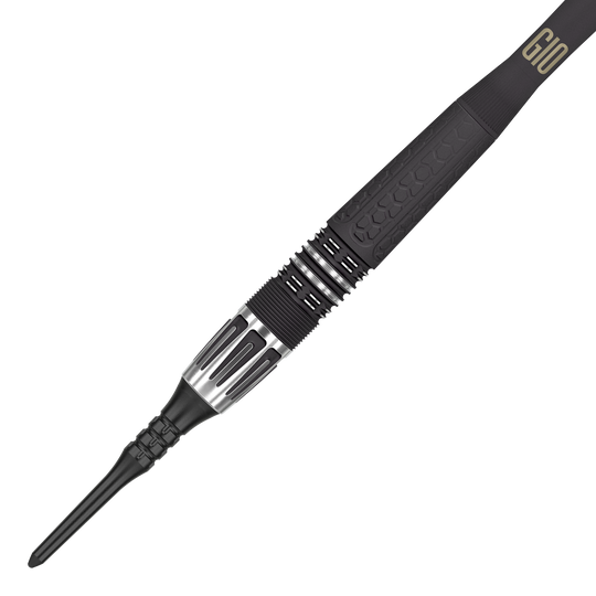 Fléchettes souples Target Phil Taylor Power 9Five GEN10 Das Bild zeigt einen modernen Softdartpfeil mit schwarzem und silbernem Design. Auf dem Griffstück steht die Aufschrift "G10".