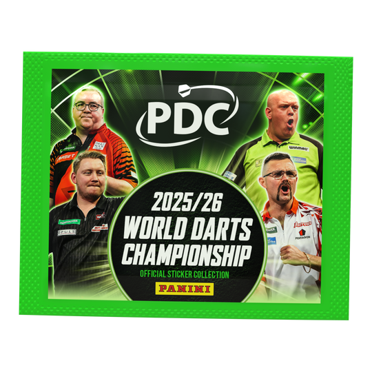 Panini PDC Championnat du monde de fléchettes 2025/26 - Pack d'autocollants Panini PDC World Darts Championship 2025/26 - Sticker Pack. Das Paket enthält Sticker zur Darts-Weltmeisterschaft 2025/26.