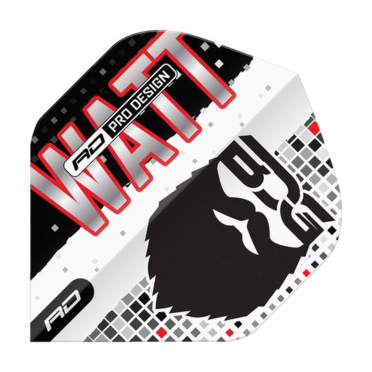Vols Red Dragon Hardcore Jason Watt BDG Premium No2 Standard Das Bild zeigt das Produkt "Red Dragon Hardcore Jason Watt BDG Premium No2 Standard Flights". Auf dem Flight sind der Name "WATT", ein stilisiertes Gesicht und das Logo "RD" zu sehen.