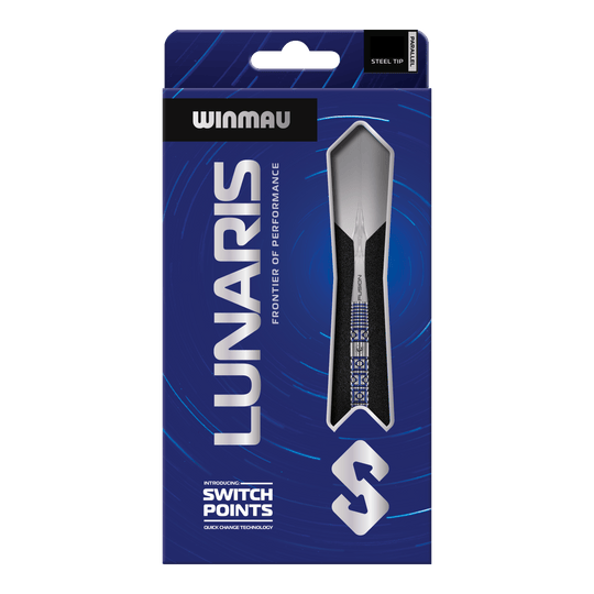 Fléchettes en acier Winmau Lunaris Parallel Switch Point Das Bild zeigt die Winmau Lunaris Parallel Switch Point Steeldarts. Die Darts liegen nebeneinander und sind deutlich zu erkennen.