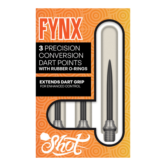 Points de conversion Shot Fynx - 32 mm Das Foto zeigt die Shot Fynx Conversion Points, 32 mm lang. Diese Dartspitzen ermöglichen ein einfaches Umwechseln der Pointen.