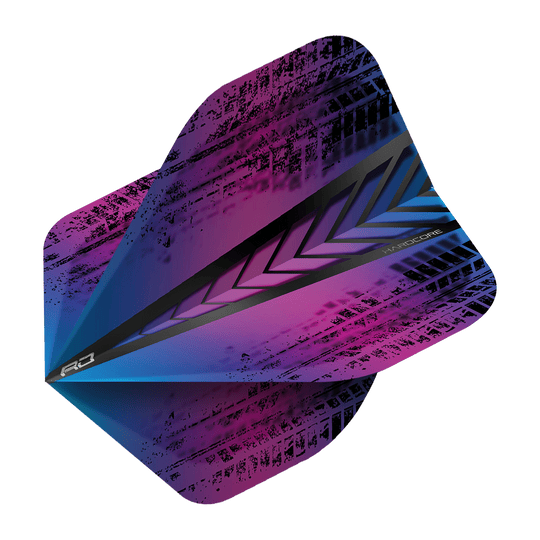 Das Bild zeigt das Produkt "Red Dragon Hardcore Standard Flights 6334". Das Flight hat ein modernes Design in Lila-, Blau- und Schwarztönen mit grafischen Mustern.
