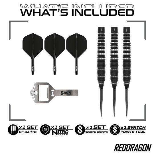 Fléchettes en acier Red Dragon Sable Torpedo Switch Point Hier sind Red Dragon Sable Torpedo Switch Point Steeldarts zu sehen. Diese Darts zeichnen sich durch ihre Torpedo-Form aus.