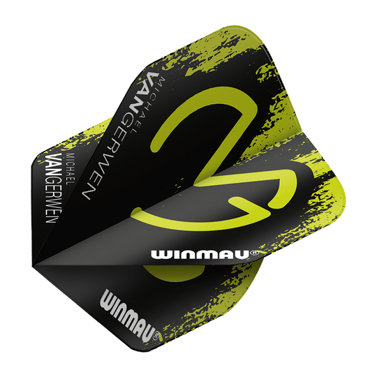 Das Bild zeigt ein Dart Flight mit dem Namen "Winmau Mega MvG Green Black Standard Flights". Das Flight ist schwarz mit grünen Akzenten und trägt den Schriftzug "Michael van Gerwen" sowie "Winmau".