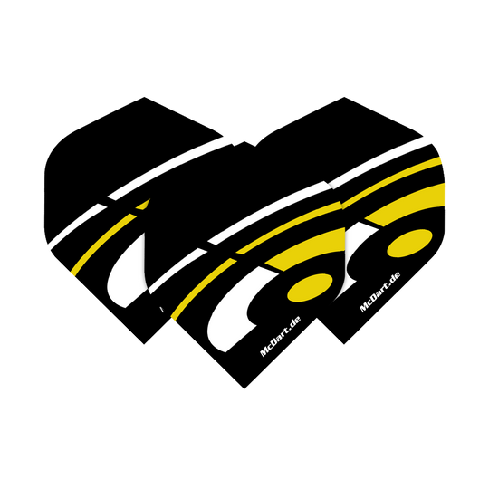 Vols standard McDart ID - Jaune Das Bild zeigt drei McDart ID Standard Flights in der Farbe Gelb. Die Flights haben ein schwarzes Design mit weißen und gelben Akzenten sowie dem Schriftzug "McDart.de".