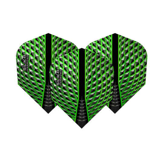 HR57_Harrows_Silika_Green_No6_Flights_1735dATSWsZCvG Das Bild zeigt die Harrows Silika Green No6 Flights mit einem auffälligen grünen und silbernen Muster. Die Flights haben eine moderne, geometrische Optik mit schwarzem Mittelstreifen und dem Silika Harrows Logo.