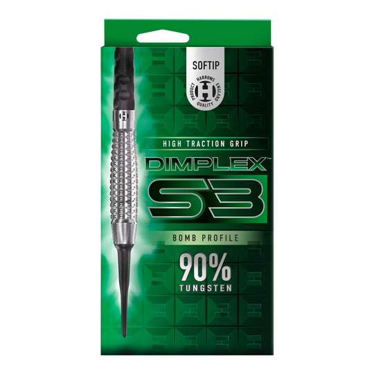Fléchettes souples Harrows Dimplex S3 Bomb Das Bild zeigt eine Verpackung der "Harrows Dimplex S3 Bomb Softdarts". Auf der Verpackung steht, dass die Darts eine hohe Grifftraktion haben und aus 90% Wolfram bestehen.