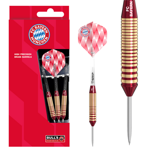 Fléchettes en acier laiton Bulls FC Bayern Munich - 21 g Abgebildet sind die Bulls FC Bayern München Brass Steeldarts mit einem Gewicht von 21g. Das Produkt ist ideal für Fans des FC Bayern München und Steeldartspieler.