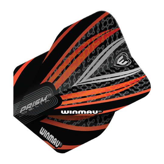 Vols standard Winmau Prism Delta Noir Blanc Orange n° 2 Das Bild zeigt ein Winmau Prism Delta Flight in den Farben Schwarz, Weiß und Orange. Das Flight hat ein modernes, auffälliges Muster mit dem Winmau-Logo und Schriftzug.