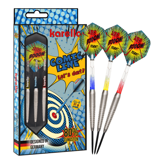 Fléchettes en acier Karella Comic Line CL-5 - 21 g Das Bild zeigt die Karella Comic Line CL-5 Steeldarts - 21g. Es handelt sich um ein Set moderner Steeldarts mit auffälligem Design.