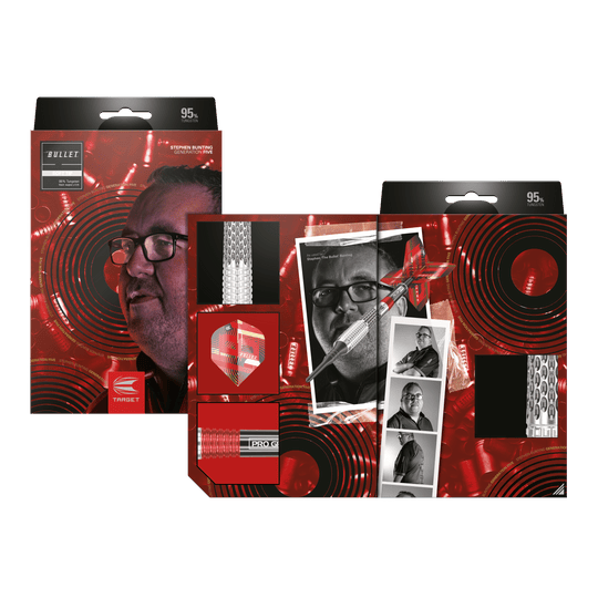 Fléchettes souples Target Stephen Bunting GEN5 - 18 g Auf dem Bild ist die Verpackung der "Target Stephen Bunting GEN5 Softdarts - 18g" zu sehen. Die Verpackung zeigt ein Porträt von Stephen Bunting und mehrere Produktdetails vor einem roten, auffälligen Hintergrund.