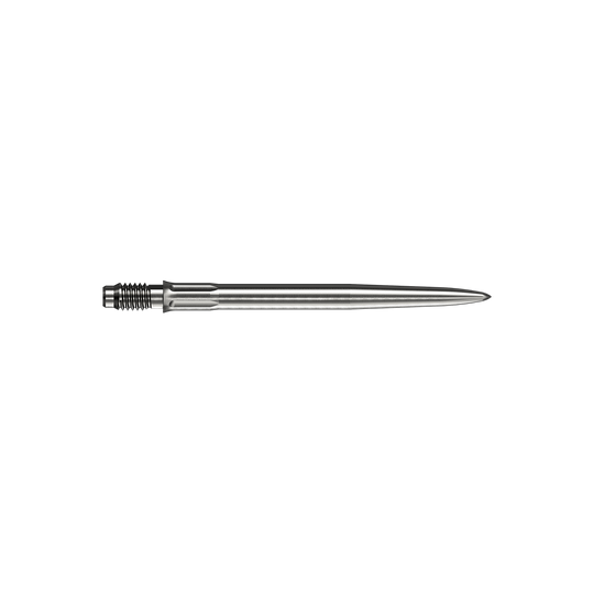 Pointes de fléchettes Mission R2.5 Rapid Point SM1 - Argent Mehrere silberne Dartspitzen sind dargestellt. Es handelt sich um Mission R25 Rapid Point SM1 Dartspitzen mit 30mm Länge.