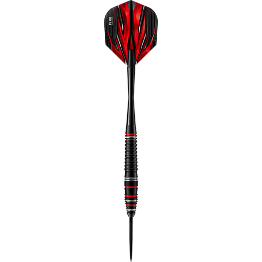 HA28825_Harrows_Fire_High_Grade_Alloy_Steeldarts_1lMWoNqs4Qb8ck Auf dem Bild ist der Harrows Fire High Grade Alloy Steeldart zu sehen. Der Dartpfeil hat ein auffälliges Design in Schwarz und Rot.