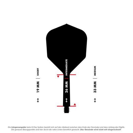 Système d'arbre de vol standard Target Japan K-Flex Hot Shot No2 Das Bild zeigt eine Dart-Flightschafte mit Längenangaben in Millimetern. Es werden die drei Längen "Short" (19 mm), "Intermediate" (26 mm) und "Medium" (33 mm) dargestellt.