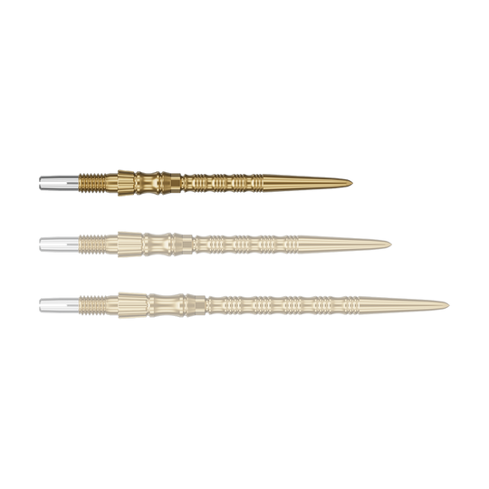 Pointes de fléchettes en acier Target Signature Swiss Point TRB - or Ein einzelner Target SwissPoint Signature TRB Dartspitze in Gold mit 30mm Länge wird gezeigt. Die Spitze ist detailliert abgebildet.