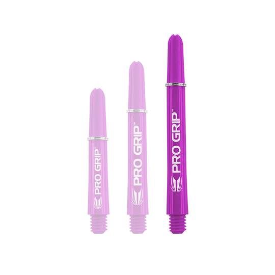Tiges Target Pro Grip - 3 jeux - Violet Das Bild zeigt drei lilafarbene PRO GRIP Dartschäfte in unterschiedlichen Längen. Sie sind nebeneinander angeordnet und haben jeweils weiße Schrift und Markierungen.