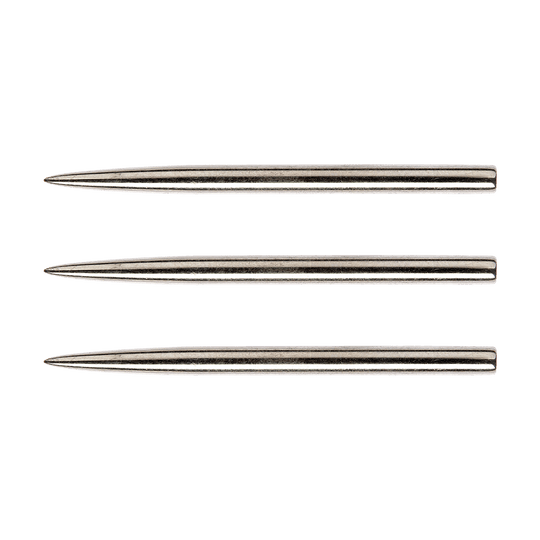 8610Silver_Winmau_Standard_Silver_Effect_Steeldart_Spitzen_32mm_1 Das Bild zeigt drei silberne Steeldart-Spitzen in einer Reihe. Es handelt sich um das Produkt "Winmau Standard Silver Effect Steeldart Spitzen - 32mm".