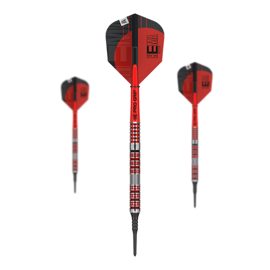 Target Hema 10 fléchettes souples Das Bild zeigt drei Softdarts des Produkts "Target Hema 10". Die Darts sind in Rot und Silber gestaltet und haben schwarze Spitzen.