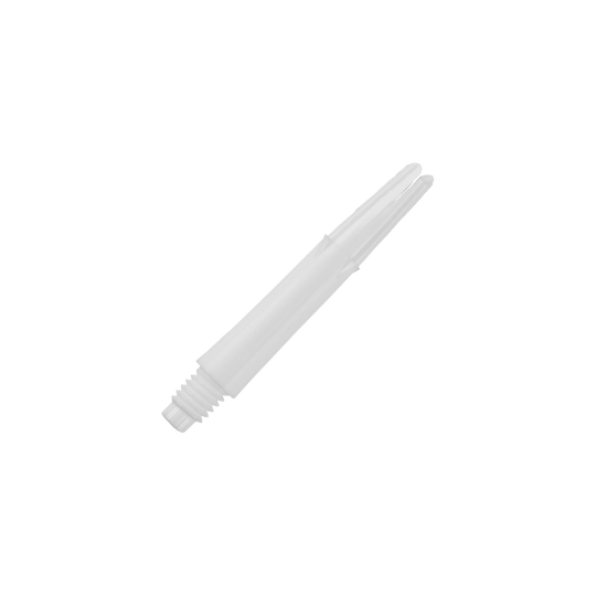 Arbres en L verrouillés droits - Blanc Dieses Bild zeigt einen weißen, geraden Dartshaft ohne Kappen. Er hat am unteren Ende ein Gewinde zum Befestigen am Dartbarrel.