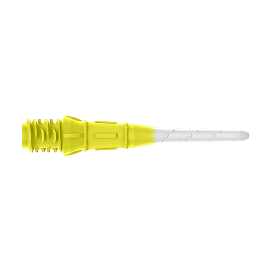 L-Style Premium Bicolore Lippoints (Paquet de 30) Das Bild zeigt eine zweifarbige Dartspitze mit gelbem und weißem Bereich. Der hintere Teil ist gelb, während die Spitze weiß ist.