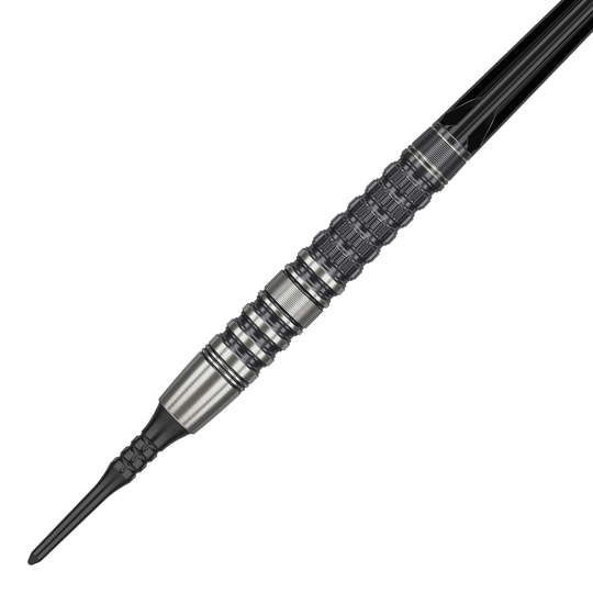 Fléchettes souples Target Japan Black Marque Lumiere GEN3 - 18,5 g Das Bild zeigt einen Target Japan Black Marque Lumiere GEN3 Softdart mit einem Gewicht von 18,5g. Der Dart ist aus Metall gefertigt und besitzt ein detailliertes, strukturiertes Griffdesign.