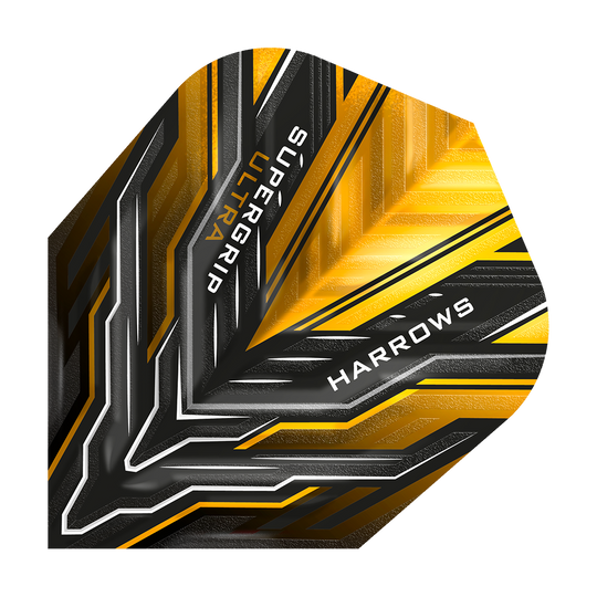 Dies ist das Produkt "Harrows Supergrip Ultra Sunset Gold Standard Flights". Das Flight hat ein modernes Design in Schwarz, Gold und Silber mit dem Markennamen und Produktnamen darauf.