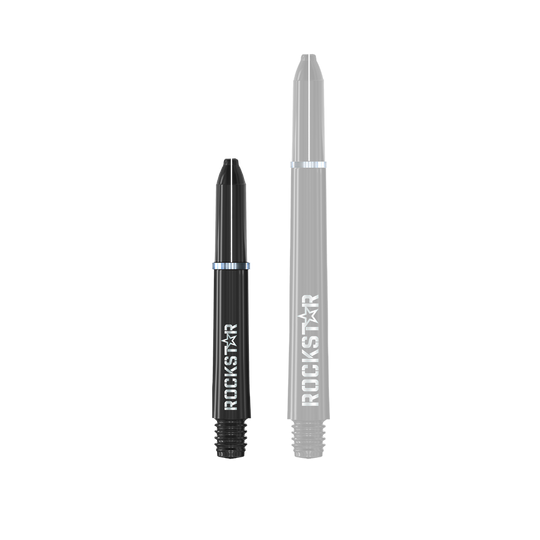 Manche en nylon Winmau Joe Cullen Rockstar Noir Das Bild zeigt zwei schwarze Dartschäfte mit der Aufschrift "ROCKSTAR". Die Schäfte sind unterschiedlich lang und haben silberne Ringe.