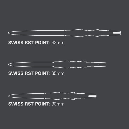 Embouts de fléchettes Target Swiss Point Signature RST - Argent Abgebildet sind die Target Swiss Point Dartspitzen Signature RST in Silber. Die Spitzen sind mit einer RST-Oberfläche versehen und bieten optimalen Grip.
