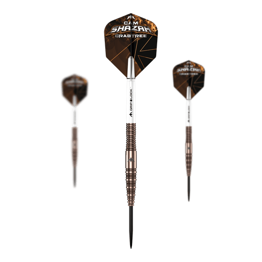 Fléchettes Mission Cam Crabtree V2 en acier tungstène à 95 % Das Bild präsentiert ein Set der Mission Cam Crabtree V2 Steeldarts. Mehrere Dartpfeile werden gemeinsam gezeigt.