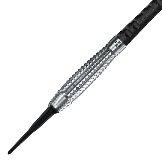 Fléchettes souples Harrows Dimplex S3 Bomb Das Bild zeigt einen Harrows Dimplex S3 Bomb Softdart. Der Dartpfeil hat eine silberne, strukturierte Griffzone und eine schwarze Kunststoffspitze.
