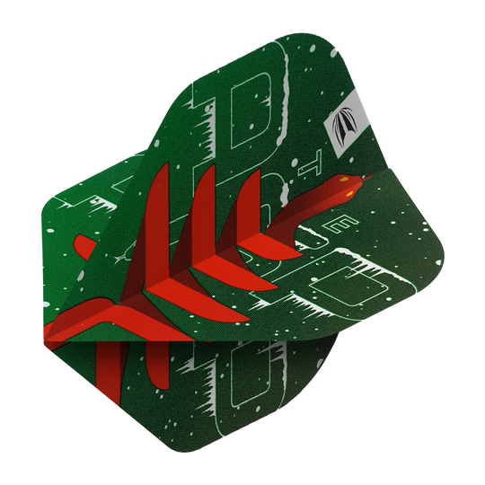 WF-2_Target_Merry_Christmas_Flights_Nathan_Aspinall_2 Das Bild zeigt das Produkt "Target Merry Christmas Flights Nathan Aspinall". Das Flight ist grün mit weihnachtlichen Mustern und einem roten Pfeildesign gestaltet.