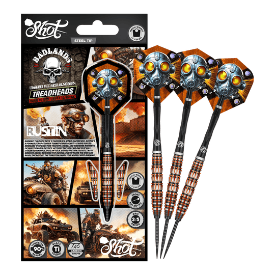 Das Bild präsentiert den Shot Badlands Rustin Steeldarts - 23g. Der komplette Dartpfeil ist abgebildet.