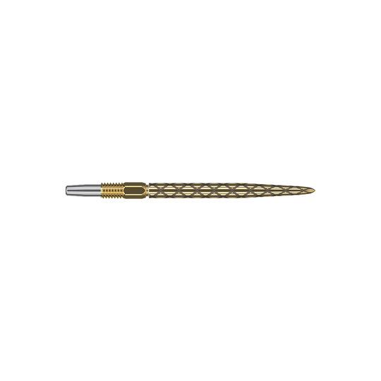 Pointes de fléchettes Target Swiss Diamond Pro Gold Das Bild zeigt eine goldene Dartspitze mit einem filigranen, rautenförmigen Muster. Die Spitze hat einen silbernen Ansatz und ist insgesamt schlank und länglich geformt.