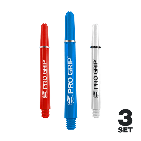 Tiges Target Pro Grip - 3 jeux - Rouge Bleu Blanc Auf dem Bild sind drei Dart-Schäfte in den Farben Rot, Blau und Weiß zu sehen. Sie tragen die Aufschrift "PRO GRIP" und sind als 3er-Set dargestellt.