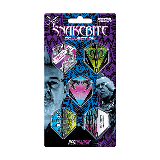 Die Abbildung zeigt die "Red Dragon Peter Wright 1 Flight Card" aus der Snakebite Collection. Auf der Verpackung sind sechs bunte Dart-Flights sowie Bilder und Grafiken abgebildet.