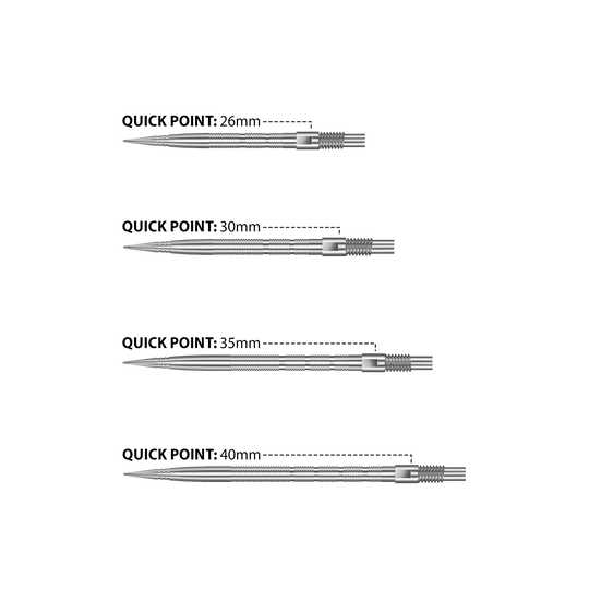 Hier sind Harrows Quick Point Micro Ridge Dartspitzen in Silber zu sehen. Sie haben eine gerillte Oberfläche für besseren Halt.
