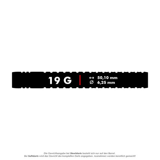 Target Chris Dobey GEN1 Softdarts - 19g Das Bild zeigt die Produktinformationen zu den Target Chris Dobey GEN1 Softdarts mit einem Gewicht von 19 Gramm. Die Darts haben eine Länge von 50,10 mm und einen Durchmesser von 6,25 mm.