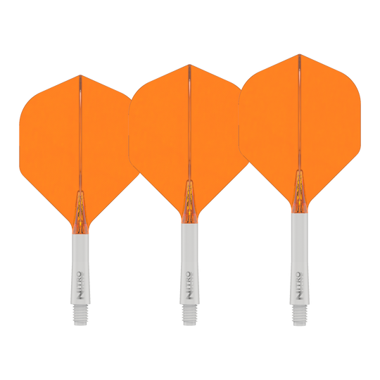 Ailettes Red Dragon Nitroflite à tige blanche et ailettes orange n° 2 Das Bild zeigt das Produkt Red Dragon Nitroflite White Shaft Orange Flights No2. Es handelt sich um einen weißen Dart-Schaft mit orangefarbenen Flights.
